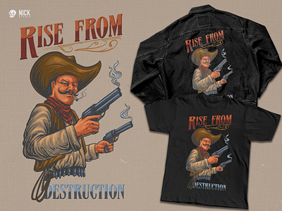 Rise From Destruction apparel design branding design bronco cowboy custom made hand drawing merchandise pencil retro riffles texas texas design texas inspired texas ornament texas shirt texas style tshirt design western wild west