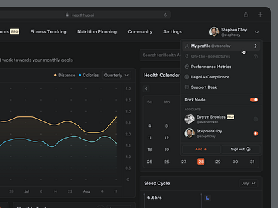 HealthAI Dashboard: Dropdown Menu (Dark Mode) dark dashboard design desktop figma fitness health product saas ui