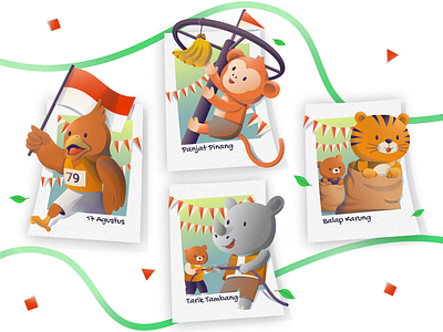 Indonesia Independence Day Illustration adventure animal card character competition cute animal fable film fun hero illustration independence day indonesia instant film instant paper merah putih paper polaroid polaroid paper sports