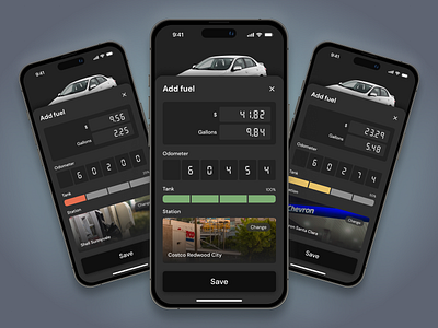 Fuel Tracker analytics app design calculator car commuter daily ui dailyui 004 dark mode drive figma form fuel gas input mileage modal overlay tracker ui design ux design