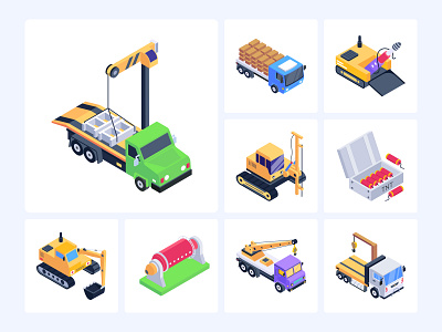 Mining Machinery Isometric Icons devices excavator heavy equipment icon set illustrator industry isometric isometric art isometric icons isometric vehicle isometry machinery mining mining machinery mining vehicle tools transport underground vehicle vector vehicle