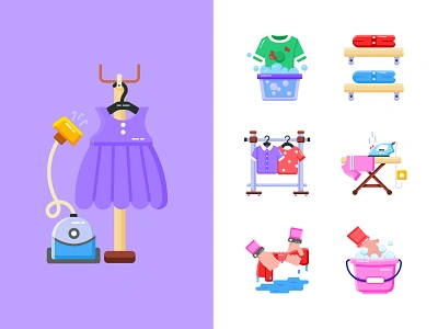 Laundry Flat Icons app icons branding chores clothes dry cleaning flat design garments icon design icon set iconography icons icons for website laundry laundry icons laundry service laundry shop vector washer washing washing machine