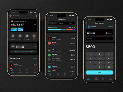 Finance App: Mobile Banking bank banking branding card credit crypto dark debit defi design finance financial fintech money theme ui ux