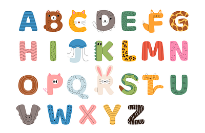 Cute cartoon alphabet with animals adobe illustrator alphabet animals app art branding cartoon cute design doodle flat graphic design icons illustration logo simple stickers ui vector art