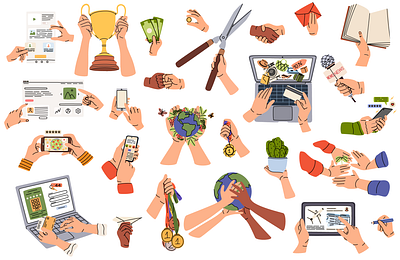 Set of hands holding various objects in flat style adobe illustrator app art branding cartoon cute design doodle draw flat graphic design hands icons illustration logo simple stickers ui vector art