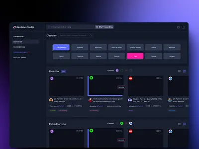 Streaming Dashboard dark darkmode dashboard recording streaming ui uiux video