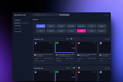 Streaming Dashboard dark darkmode dashboard recording streaming ui uiux video