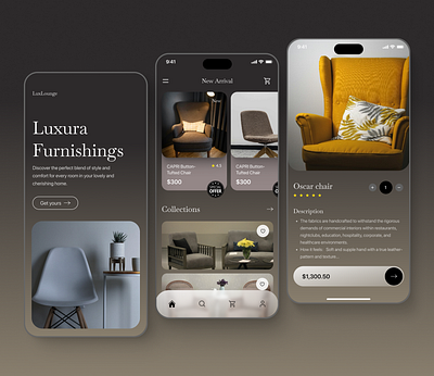 LuxLounge - Furniture Store Mobile App app design design ecommerce ecommerce app furniture furniture store interface ios mobile app design mobileapp online furniture store online shopping product design ui ui design uiux uiux design ux ux design