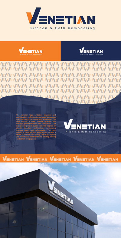 Venetian Logo design blue brand branding dark blue design digitalart graphic design home identity kitchen logo logo type mockup orange pattern redesign remodeling