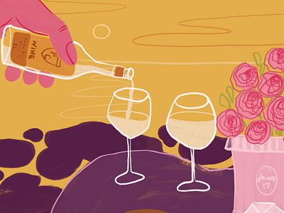 together at the sunset advertising advertisingillustration beach bottle brand identity branding concept art date drawing drink editorial flowers food illustration purple seaside still life sunset wine yellow