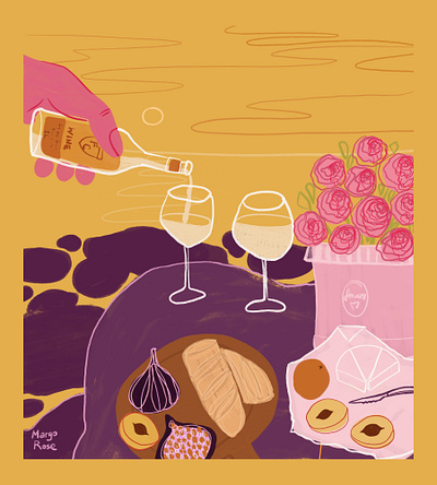 together at the sunset advertising advertisingillustration beach bottle brand identity branding concept art date drawing drink editorial flowers food illustration purple seaside still life sunset wine yellow