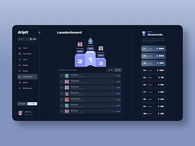 dripit - Leaderboard badges bet challenge crypto dark design game leader leaderboard minimal modern music music app ranking scoreboard ui ui ux ux web3