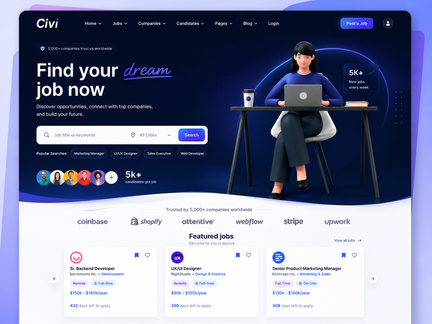 Civi: A Personalized Job Search Experience. design finding fiverr job landing page platform tal top ui uiux upwork ux webdesign website