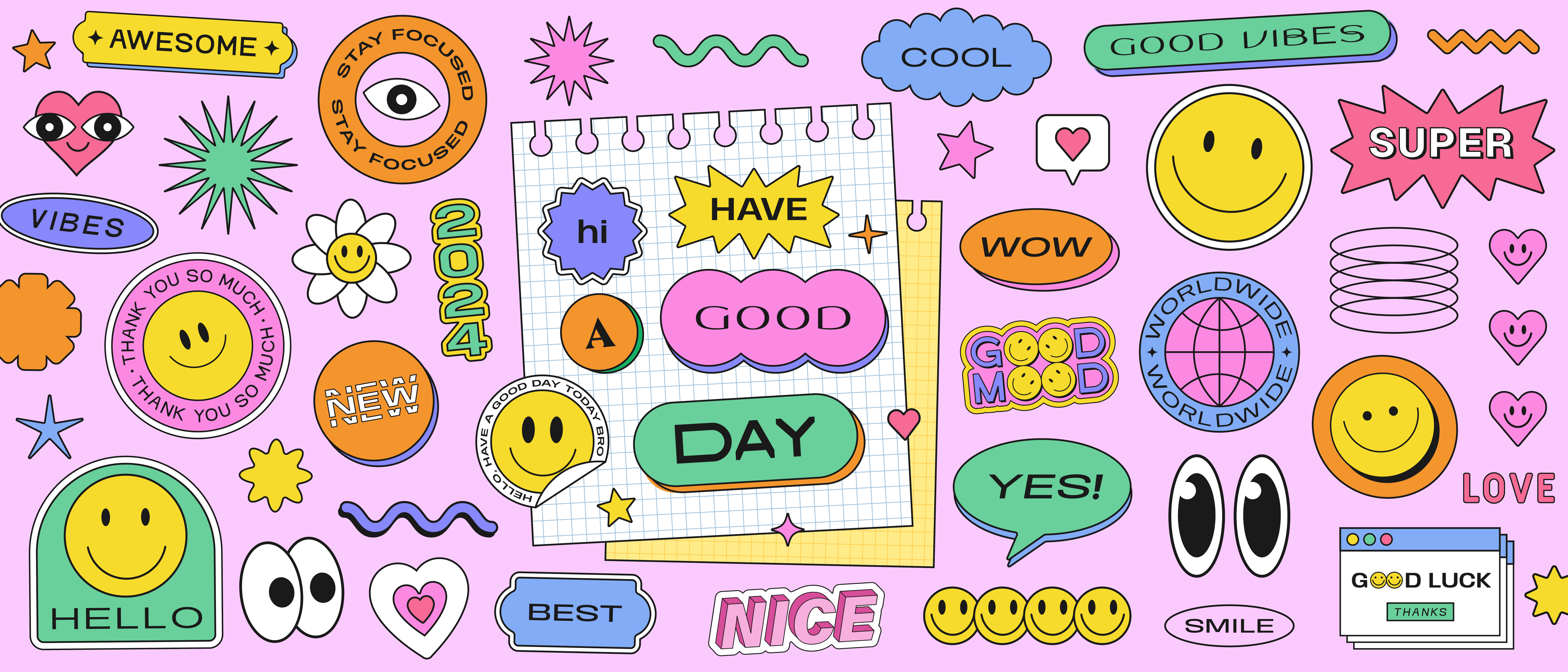 Cool Y2k Vaporwave Stickers Collage. 2000s 90s abstract art cool cute design geometric happy have a good day illustration kawai note pop smile trendy ui vaporwave vector y2k