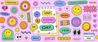 Cool Y2k Vaporwave Stickers Collage. 2000s 90s abstract art cool cute design geometric happy have a good day illustration kawai note pop smile trendy ui vaporwave vector y2k