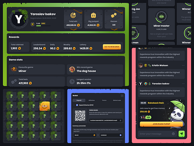 Casino Panda — UI set achievements blockchain cards casino chat dark ui dashboard gambling game game design gaming live casino miner product design profile roulette slots ui set user interface wallet