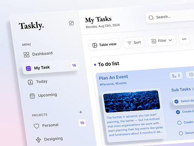 Taskly - Dashboard Design daily dashboard planner product design project manager task task manager todo ui uiux user interface