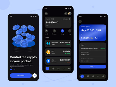 Crypto Wallet Mobile App app design bitcoin crypto trading crypto wallet cryptocurrency dark mode digital wallet ethereum finance app financial tech fintech investment app light mode minimalist design mobile app mobile ui ui uiux design user interface wallet app