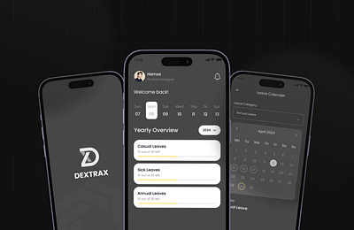 Dextrax - Employee App app design calender check in company employee app employee management app figma leave request mobile app mobile app ui ux ui ui ux user experience user interface visual design