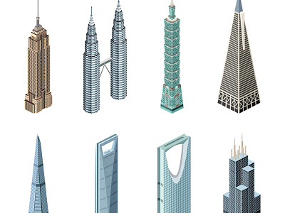 World famous skyscrapers 3d america building empire state building famous isometric landmark new york petronas twin towers san francisco shanghai skyline skyscraper taipei 101 transamerica pyramid travel usa vector willis tower world