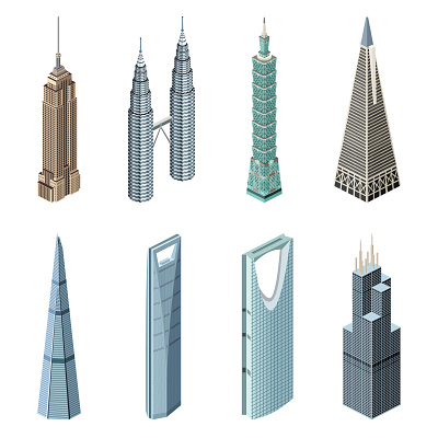 World famous skyscrapers 3d america building empire state building famous isometric landmark new york petronas twin towers san francisco shanghai skyline skyscraper taipei 101 transamerica pyramid travel usa vector willis tower world