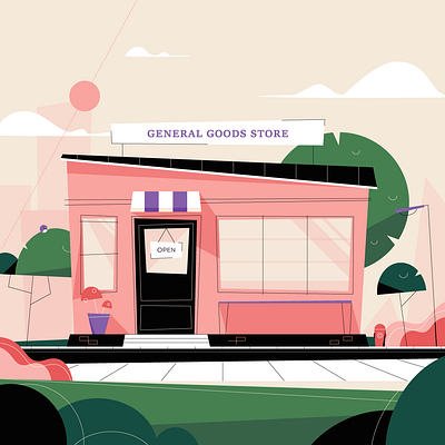 Somewhere Warm Storefront 2d building color darren brown design environment illustration illustrator landscape motion graphics storefront vector