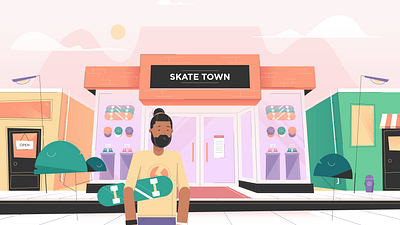 Somewhere Warm Skate Shop buildings character character design city darren brown environment flat illustration illustrator landscape motion graphics storefront vector