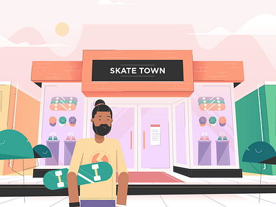 Somewhere Warm Skate Shop buildings character character design city darren brown environment flat illustration illustrator landscape motion graphics storefront vector