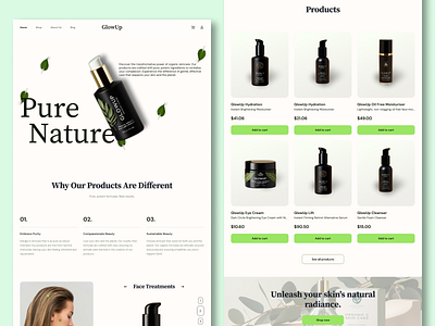 GlowUp - organic skincare products ecommerce landing page landing page desigin organic prototype skin care skincare ui ui design ux ux design website design