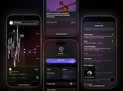 iOS trading app concepts - Chart, Settings, Chats, Social Feed buy chart chats drawings exchange feed financials indicators ios mobile chats mobile profile news order profile sell settings subscribe trade trading user