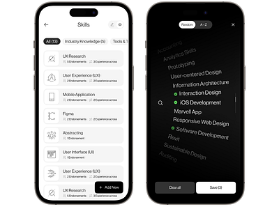 Update skills set | CV builder app button flow grid illustration interaction ios iphone mockup progress bar search slider tabs ui