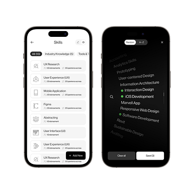 Update skills set | CV builder app button flow grid illustration interaction ios iphone mockup progress bar search slider tabs ui
