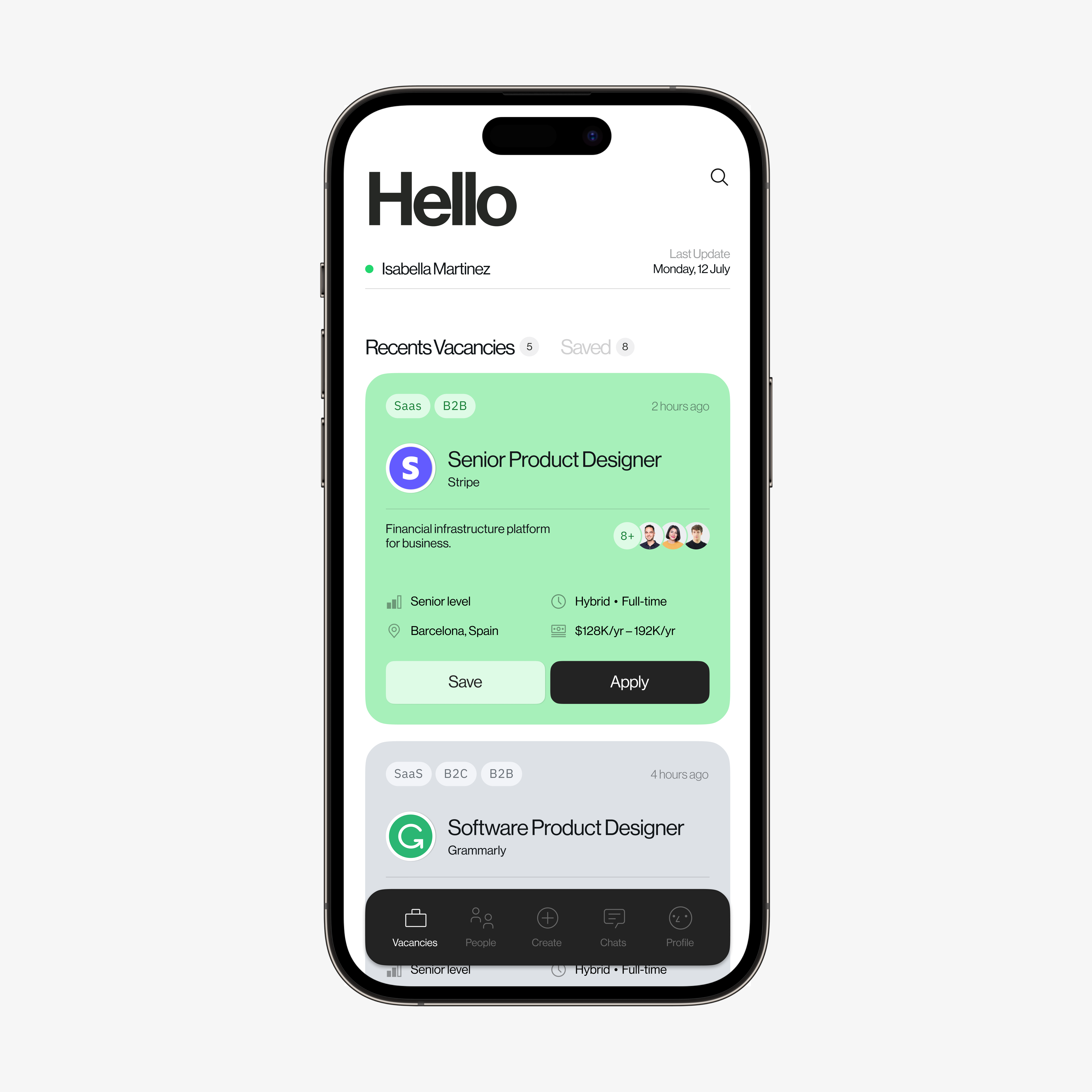 vacancies page button cards feed home screen inspiration ios iphone job logo minimal mockup search tabs tags vacancy