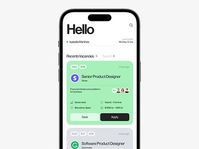 vacancies page button cards feed home screen inspiration ios iphone job logo minimal mockup search tabs tags vacancy
