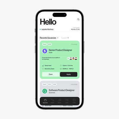 vacancies page button cards feed home screen inspiration ios iphone job logo minimal mockup search tabs tags vacancy