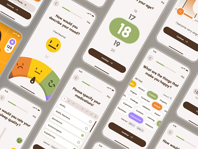 freud: AI Mental Health App | Therapy Assessment & Onboarding UI ai mental health app assessment brown clean figma ui kit green health assessment journal app meditation app mental health app mental health ui minimal modern mood app mood tracker app mood ui orange soft therapy app ui kit