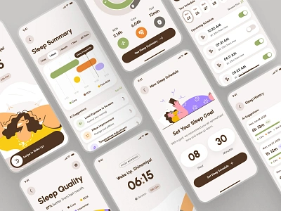 freud: AI Mental Health App | Sleep Tracker Monitor UIUX ai mental health app ai mental health companion ai mental heatlh companion brown chart ui clean figma ui kit green mental health app mental health ui kit mindfulness app minimal sleep app sleep monitor app sleep monitoring app sleep tracker sleep tracker app soft ui kit yellow