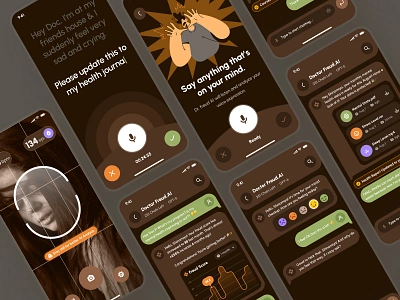 freud: AI Mental Health App | Mindful AI Chatbot Companion UIUX ai chatbot app ai mental health chatbot ai mental health companion ai therapy app ai therapy chatbot brown chat ui clean dark mode dark ui figma ui kit green mental health app mental health companion mental health ui kit minimal modern orange soft ui kit