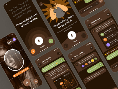 freud: AI Mental Health App | Mindful AI Chatbot Companion UIUX ai chatbot app ai mental health chatbot ai mental health companion ai therapy app ai therapy chatbot brown chat ui clean dark mode dark ui figma ui kit green mental health app mental health companion mental health ui kit minimal modern orange soft ui kit