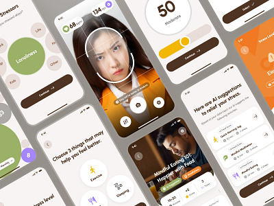 freud: AI Mental Health App | Stress Tracker Monitoring App UIUX ai mental health app ai mental health companion ai therapy chatbot brown green mental health app mental health ui mental health ui kit mindfulness app minimal mood app mood tracker app mood ui orange soft stress app stress management stress tracker app stress ui ui kit