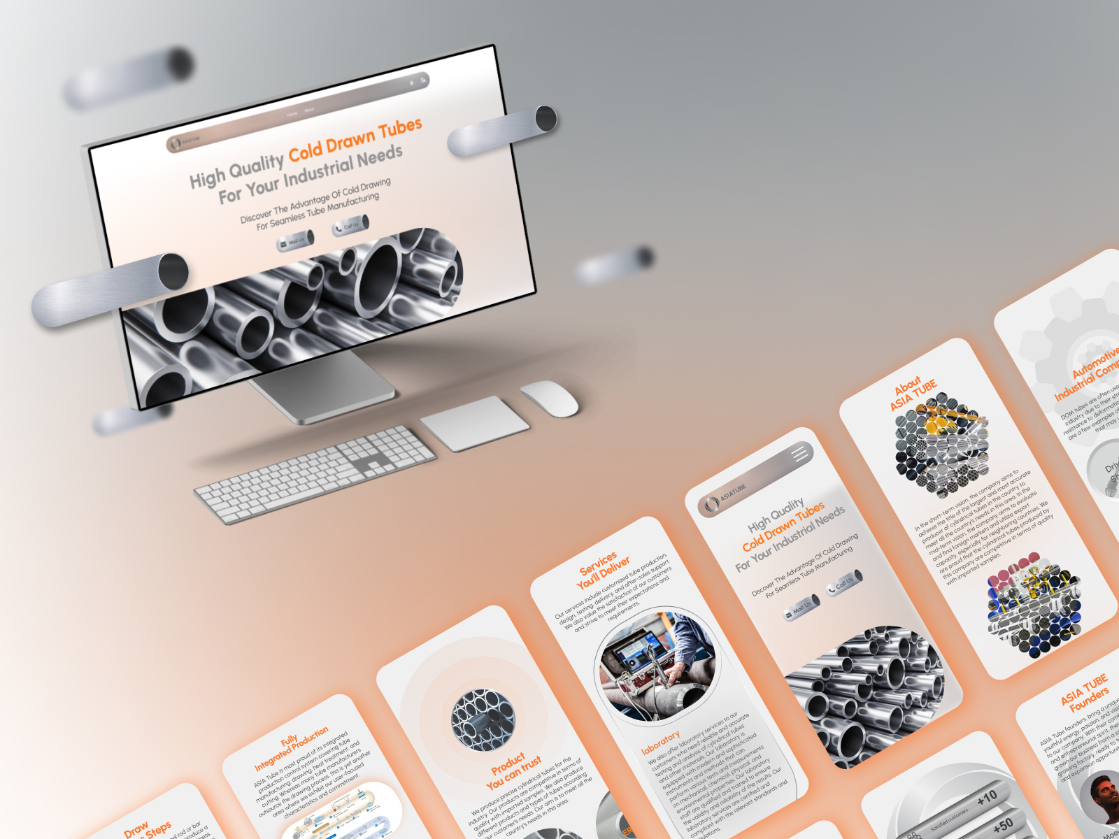 Asia Tube: One-Page Solution for Industry casestudy contentcreation engineeringdesign factorywebsite gray industrialdesign industrialuiux industrialwebdesign interactivedesign logo logodesign manufacturing onepagewebsite orange responsivedesign showcase tubefactory ui design uiux webdesign