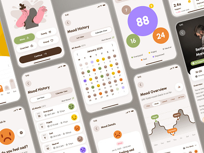 freud: AI Mental Health App | Mood Tracker Management App UIUX ai mental health app brown calendar ui chart ui clean green mental health mental health app mental health companion mental health ui kit minimal modern mood mood app mood tracker mood tracker app mood ui orange soft ui kit