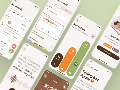 freud: AI Mental Health App | Self Journaling Reflection UIUX ai mental health app ai mental health companion ai therapy app chart ui clean green journal app journal ui journaling app meditation app mental health app mental health ui kit minimal mood app soft text editor text editor ui therapy app voice recording ui voice ui