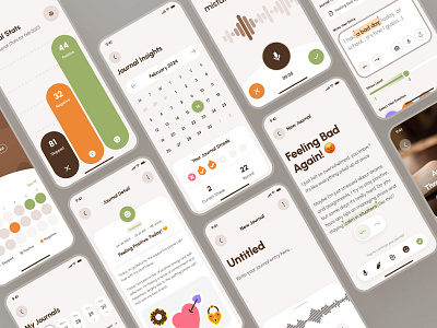 freud: AI Mental Health App | Self Journaling Reflection UIUX brown calendar ui chart ui clean flat green journal app journal ui journaling app mental health app mental health ui kit mindfulness app minimal modern orange recording ui soft text editor text editor ui voice ui