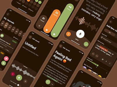 freud: AI Mental Health App | Mood Journal Reflection UIUX brown chart ui clean journal journal app journal tracker journal ui journaling app mental health app mental health companion mental health ui kit minimal modern mood mood app mood tracker app mood ui recording ui soft voice ui