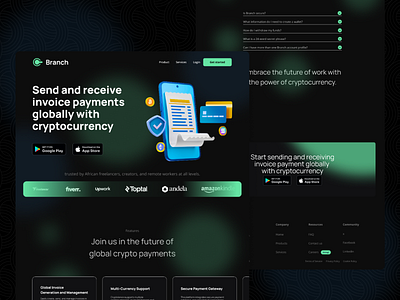 Branch Crypto Invoice Payment Landing Page Design branding crypto app crypto design cryptocurrency design landing page page design ui uidesign uidesigner uiux uxdesign