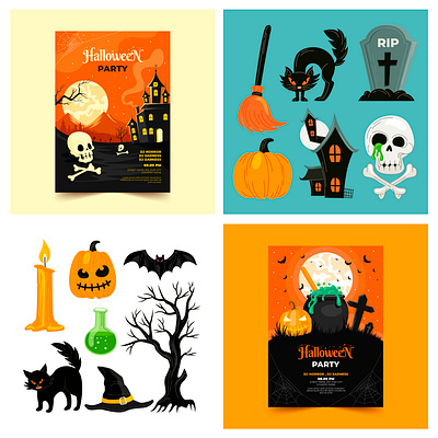 Halloween poster template and icons with hand drawing style 2d design flyer graphic design halloween hand drawing icons illustration poster template vector