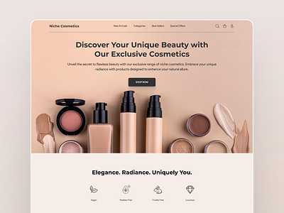 Niche Cosmetics beautybrand beautydesign beautywebsite branding cleandesign cosmeticspackaging creativebranding crueltyfree ecommerce eganbeauty luxurybeauty makeupdesign minimaldesign moderndesign nichecosmetics productdesign skincare ui uiuxdesign