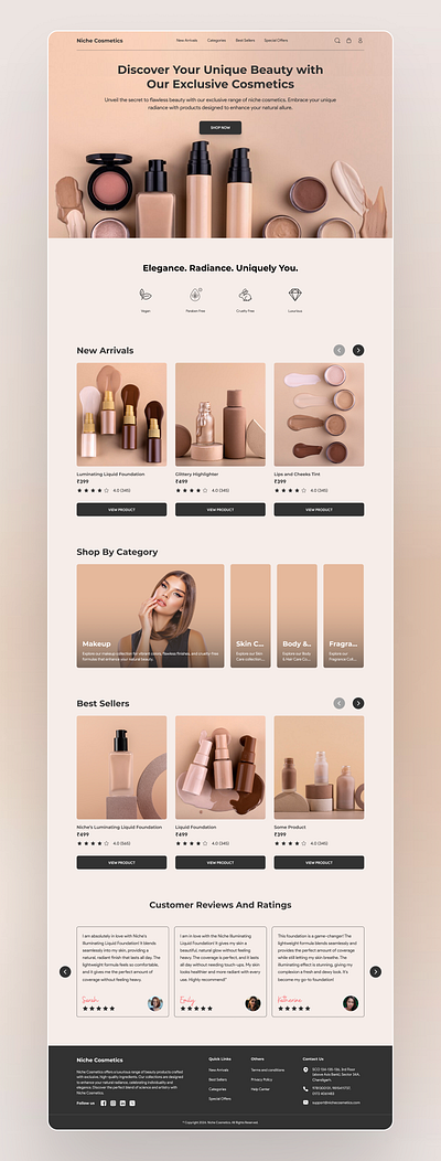 Niche Cosmetics beautybrand beautydesign beautywebsite branding cleandesign cosmeticspackaging creativebranding crueltyfree ecommerce eganbeauty luxurybeauty makeupdesign minimaldesign moderndesign nichecosmetics productdesign skincare ui uiuxdesign