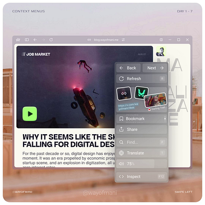 Context Menus | Arc Browser Windows after effects animation arc arc browser article browser clean design context menu dark mode drop down figma glassmorphism interaction light mani jalilzadeh menus motion graphics right click wayofmani web design